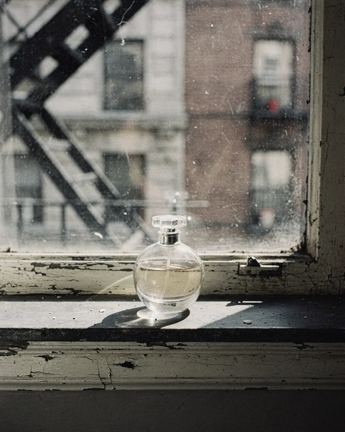 A round glass bottle on a worn stone windowsill, a black iron fire escape and brick facades beyond the glass