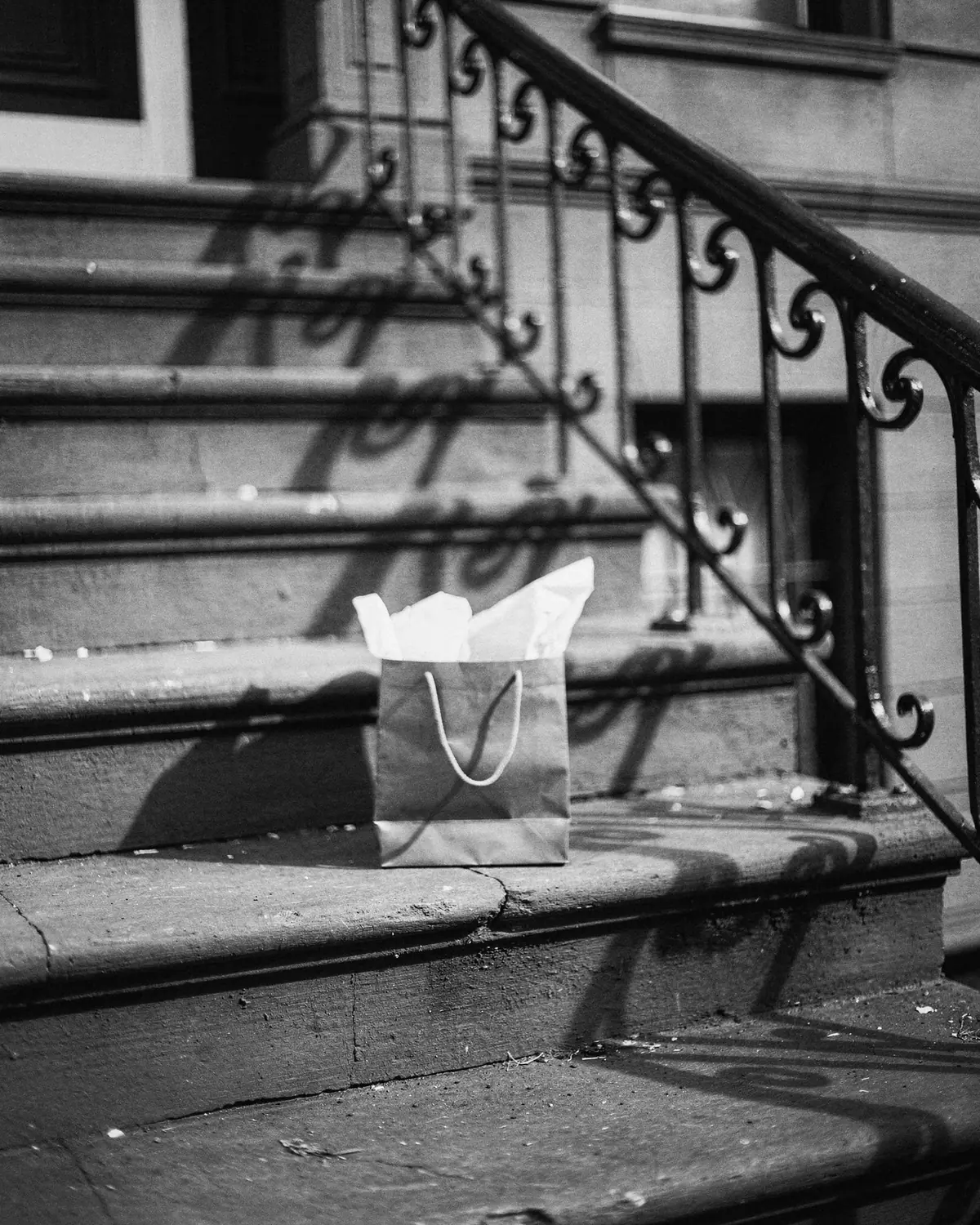 Black and white: a small paper gift bag with white tissue on a brownstone stoop, the iron railing's shadow across the steps