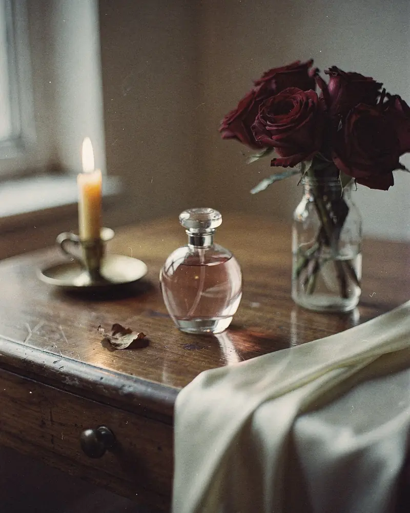 A dressing table at dusk with red garden roses, a lit taper candle and an unlabeled round bottle